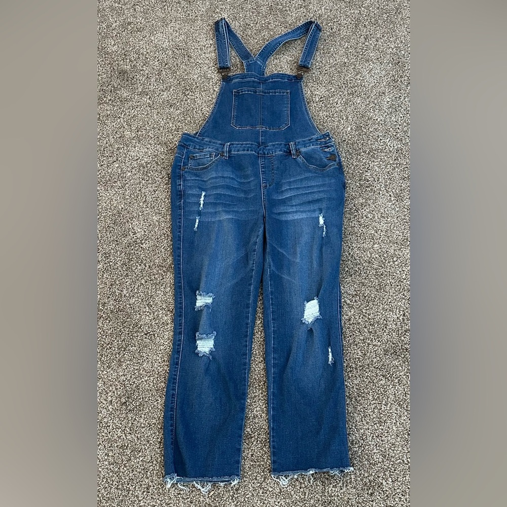Enjean Stretch Blue Overalls Women's Size Large Distressed